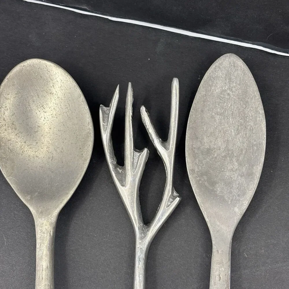 Vintage Aluminum Grey Tree Branch‎ Twigs Serving Set Salad Mixing Spoons